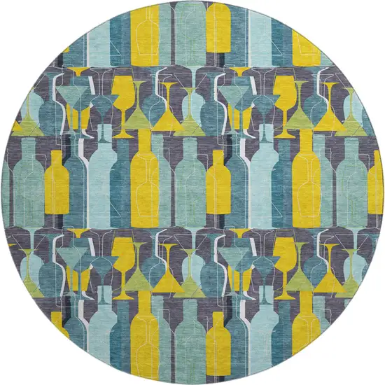 8' Blue Yellow And Green Geometric Washable Round Rug With UV Protection Photo 2
