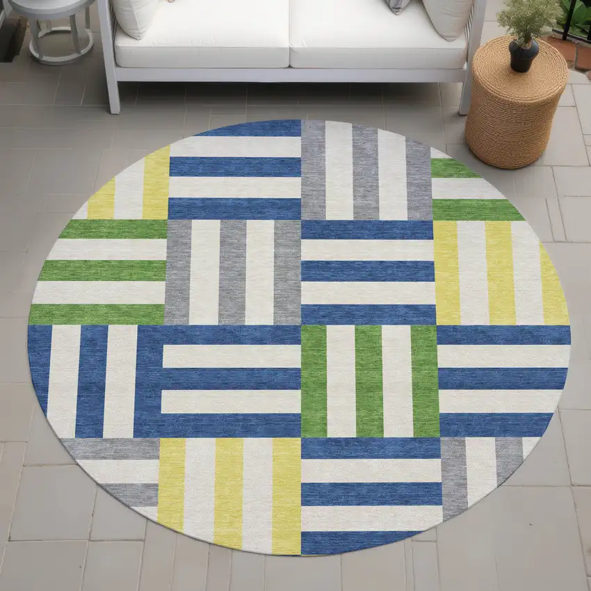 8' Blue Yellow And Green Round Geometric Washable Indoor Outdoor Area Rug Photo 8
