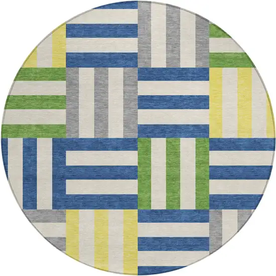 8' Blue Yellow And Green Round Geometric Washable Indoor Outdoor Area Rug Photo 2