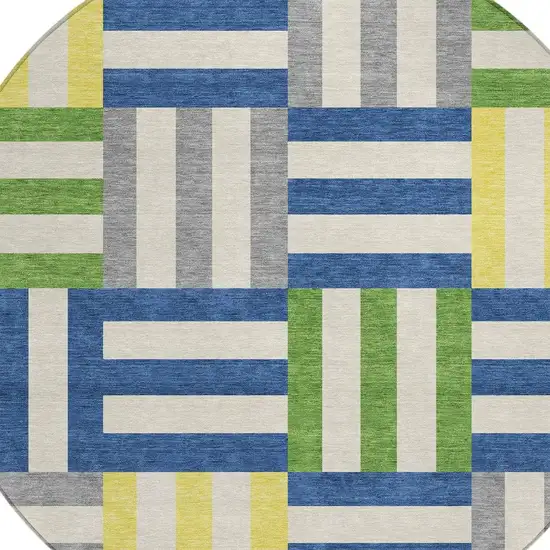 8' Blue Yellow And Green Round Geometric Washable Indoor Outdoor Area Rug Photo 7