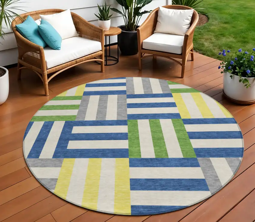 8' Blue Yellow And Green Round Geometric Washable Indoor Outdoor Area Rug Photo 1