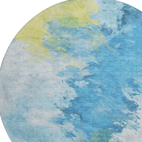 8' Blue Yellow And Ivory Abstract Washable Round Rug With UV Protection Photo 2