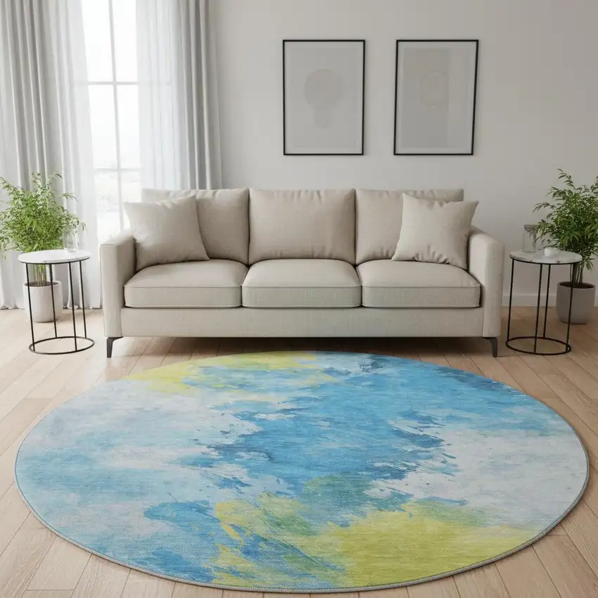 8' Blue Yellow And Ivory Abstract Washable Round Rug With UV Protection Photo 2
