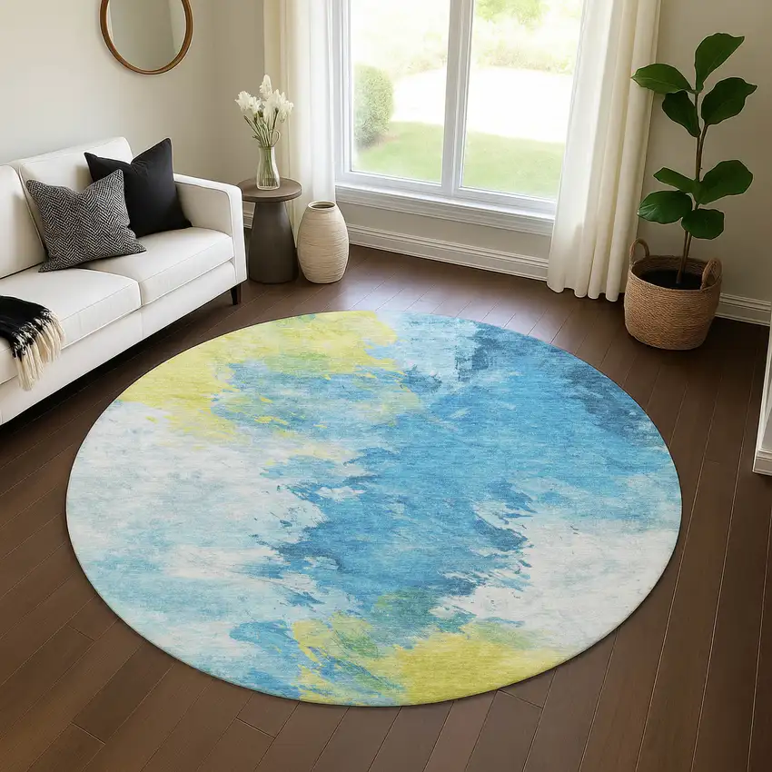 8' Blue Yellow And Ivory Abstract Washable Round Rug With UV Protection Photo 4