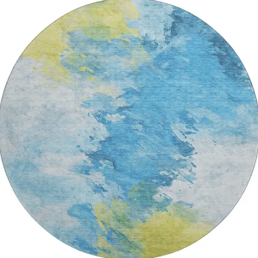 8' Blue Yellow And Ivory Abstract Washable Round Rug With UV Protection Photo 3