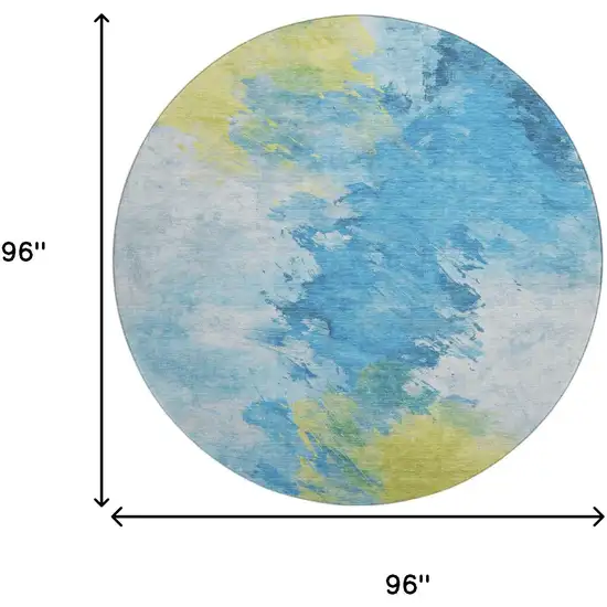8' Blue Yellow And Ivory Abstract Washable Round Rug With UV Protection Photo 9