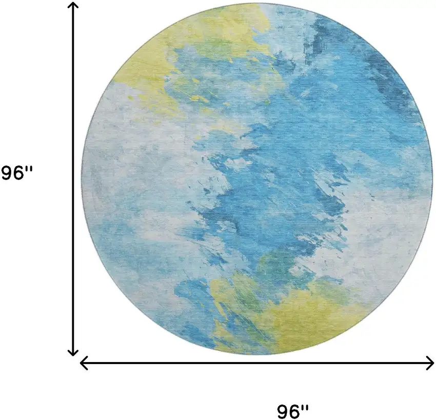 8' Blue Yellow And Ivory Abstract Washable Round Rug With UV Protection Photo 9