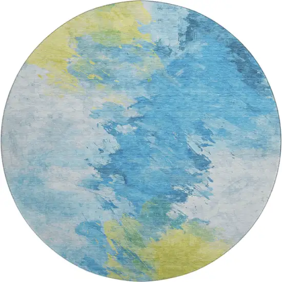 8' Blue Yellow And Ivory Abstract Washable Round Rug With UV Protection Photo 1