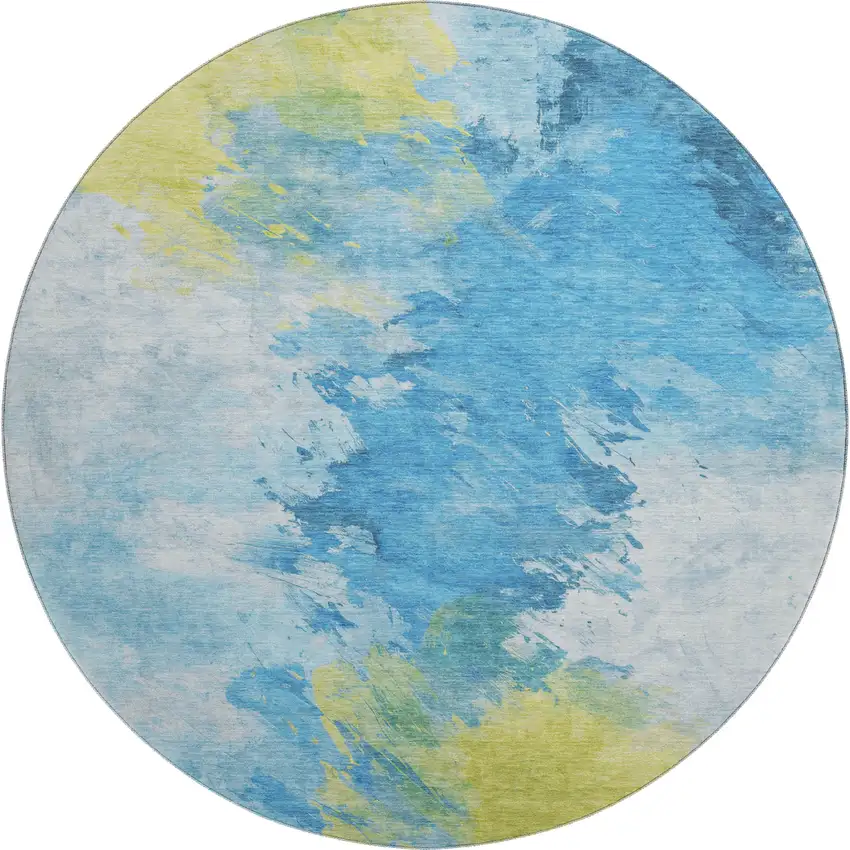 8' Blue Yellow And Ivory Abstract Washable Round Rug With UV Protection Photo 1