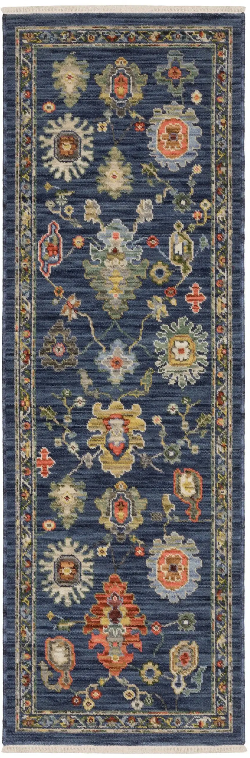 6' Blue Yellow And Ivory Oriental Runner Rug With Fringe Photo 5