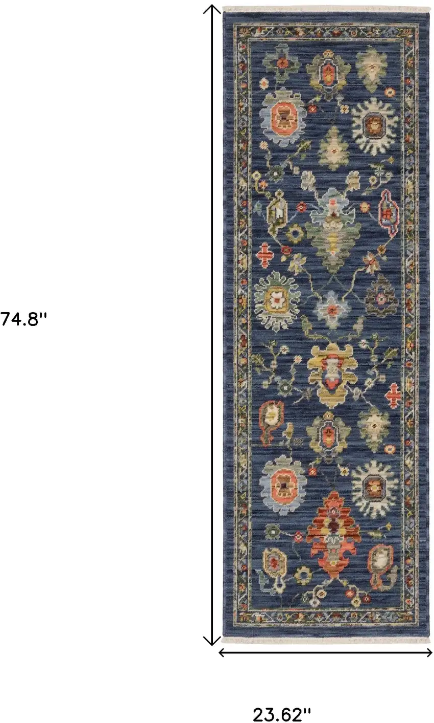 6' Blue Yellow And Ivory Oriental Runner Rug With Fringe Photo 3