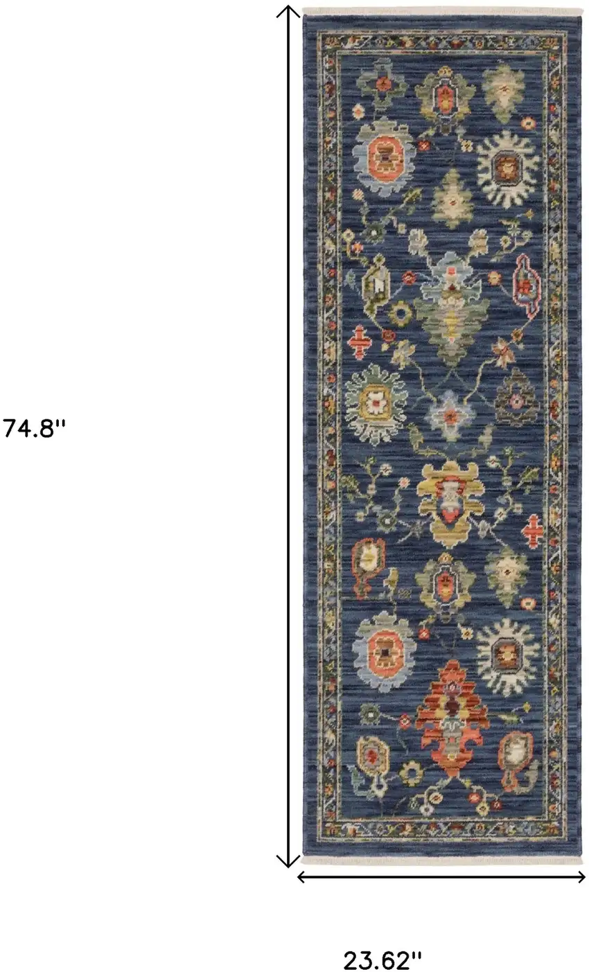 6' Blue Yellow And Ivory Oriental Runner Rug With Fringe Photo 3
