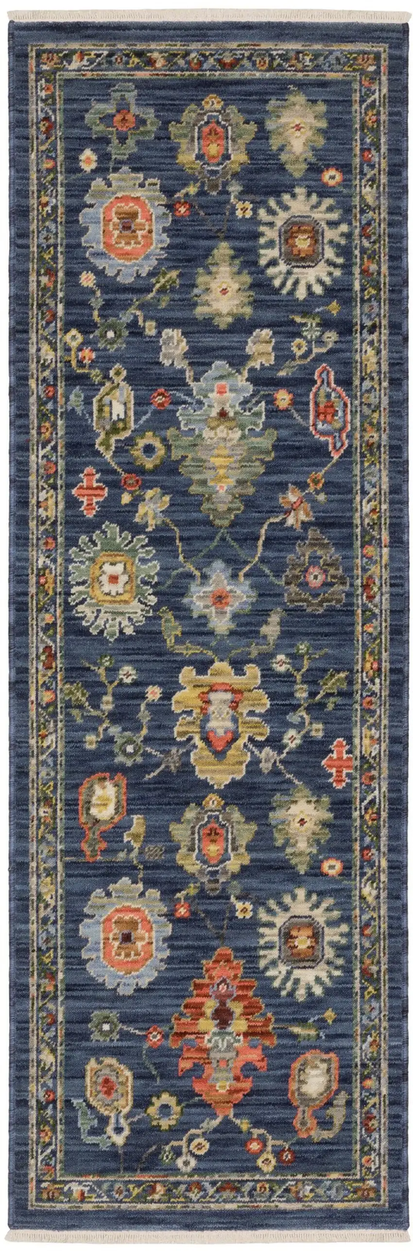 6' Blue Yellow And Ivory Oriental Runner Rug With Fringe Photo 2
