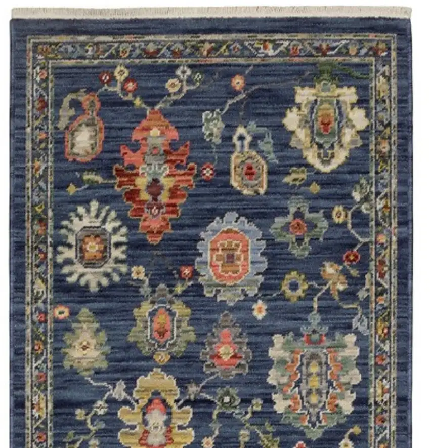 12' Blue Yellow And Orange Oriental Runner Rug With Fringe Photo 4