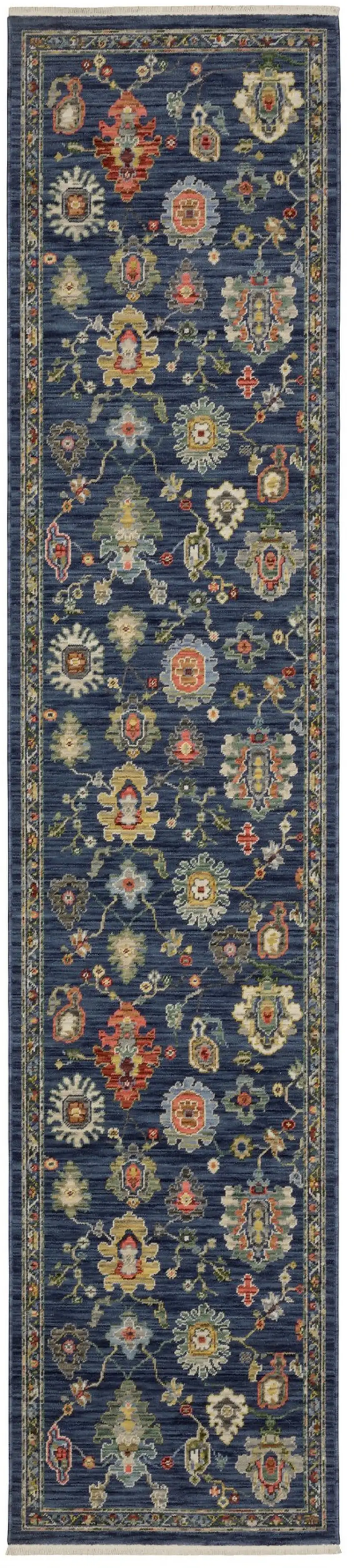 12' Blue Yellow And Orange Oriental Runner Rug With Fringe Photo 2