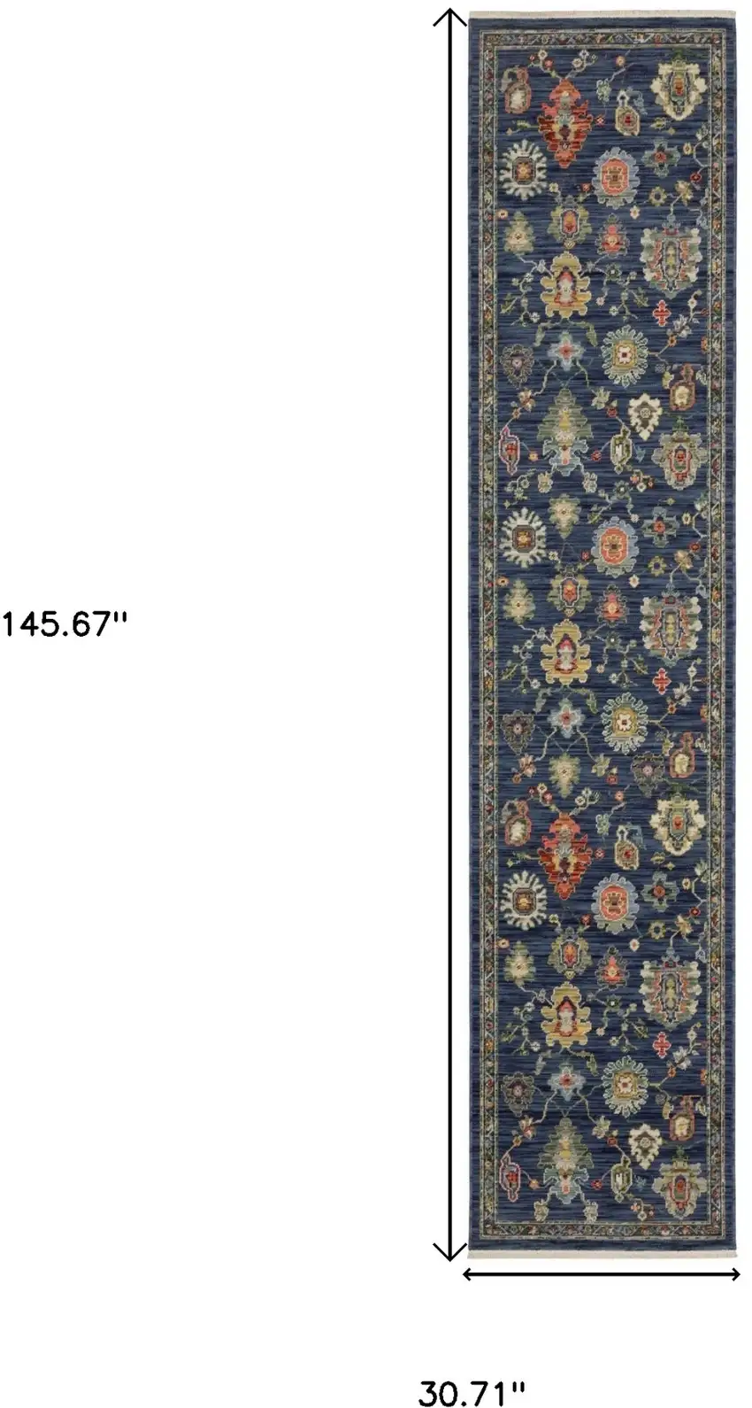 12' Blue Yellow And Orange Oriental Runner Rug With Fringe Photo 3