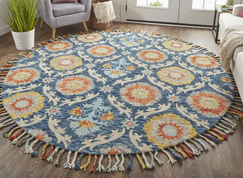 8' Blue Yellow And Orange Round Wool Paisley Tufted Handmade Stain Resistant Area Rug With Fringe Photo 3