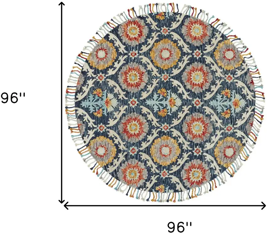 8' Blue Yellow And Orange Round Wool Paisley Tufted Handmade Stain Resistant Area Rug With Fringe Photo 9