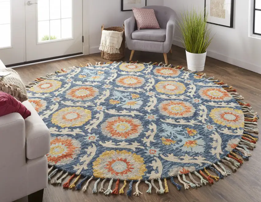 8' Blue Yellow And Orange Round Wool Paisley Tufted Handmade Stain Resistant Area Rug With Fringe Photo 5
