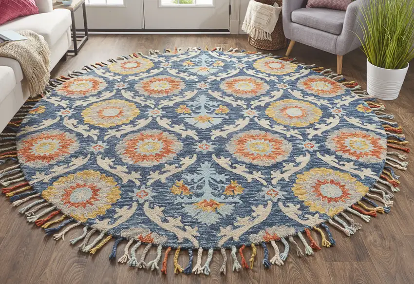 8' Blue Yellow And Orange Round Wool Paisley Tufted Handmade Stain Resistant Area Rug With Fringe Photo 4