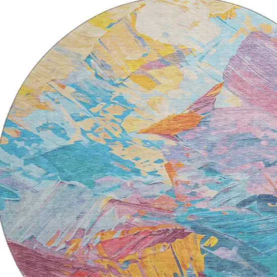 8' Blue Yellow And Pink Abstract Washable Round Rug With UV Protection Photo 2