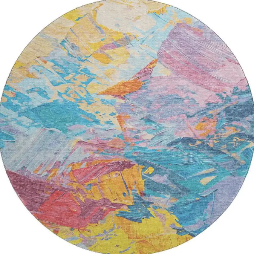 8' Blue Yellow And Pink Abstract Washable Round Rug With UV Protection Photo 3