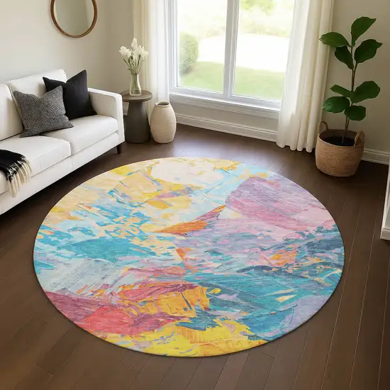 8' Blue Yellow And Pink Abstract Washable Round Rug With UV Protection Photo 4