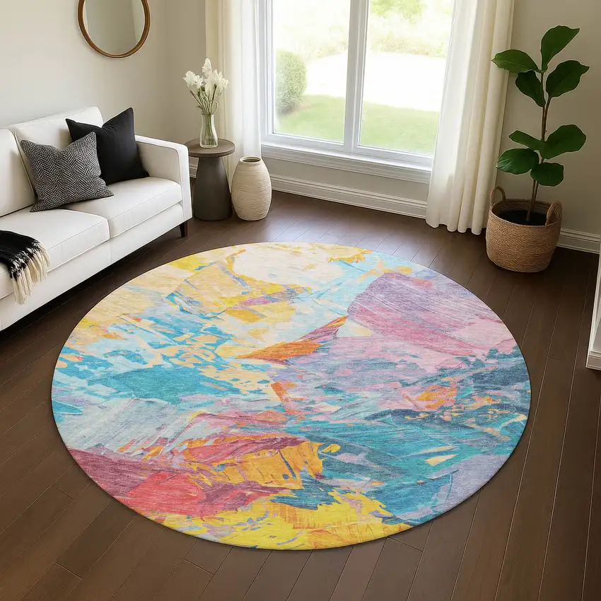 8' Blue Yellow And Pink Abstract Washable Round Rug With UV Protection Photo 4
