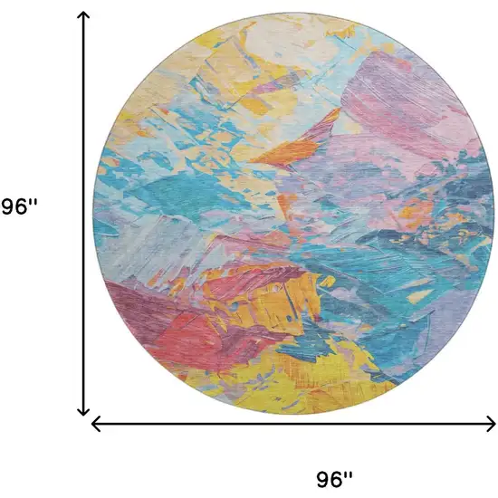 8' Blue Yellow And Pink Abstract Washable Round Rug With UV Protection Photo 9