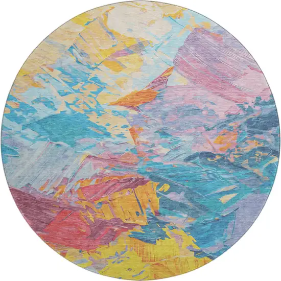 8' Blue Yellow And Pink Abstract Washable Round Rug With UV Protection Photo 1