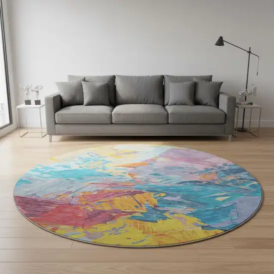 8' Blue Yellow And Pink Abstract Washable Round Rug With UV Protection Photo 2
