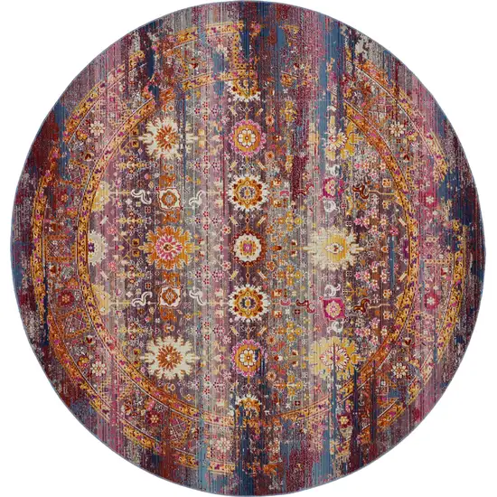 6' Blue Yellow And Red Floral Distressed Non Skid Round Rug Photo 1