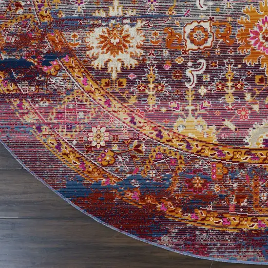 6' Blue Yellow And Red Floral Distressed Non Skid Round Rug Photo 9