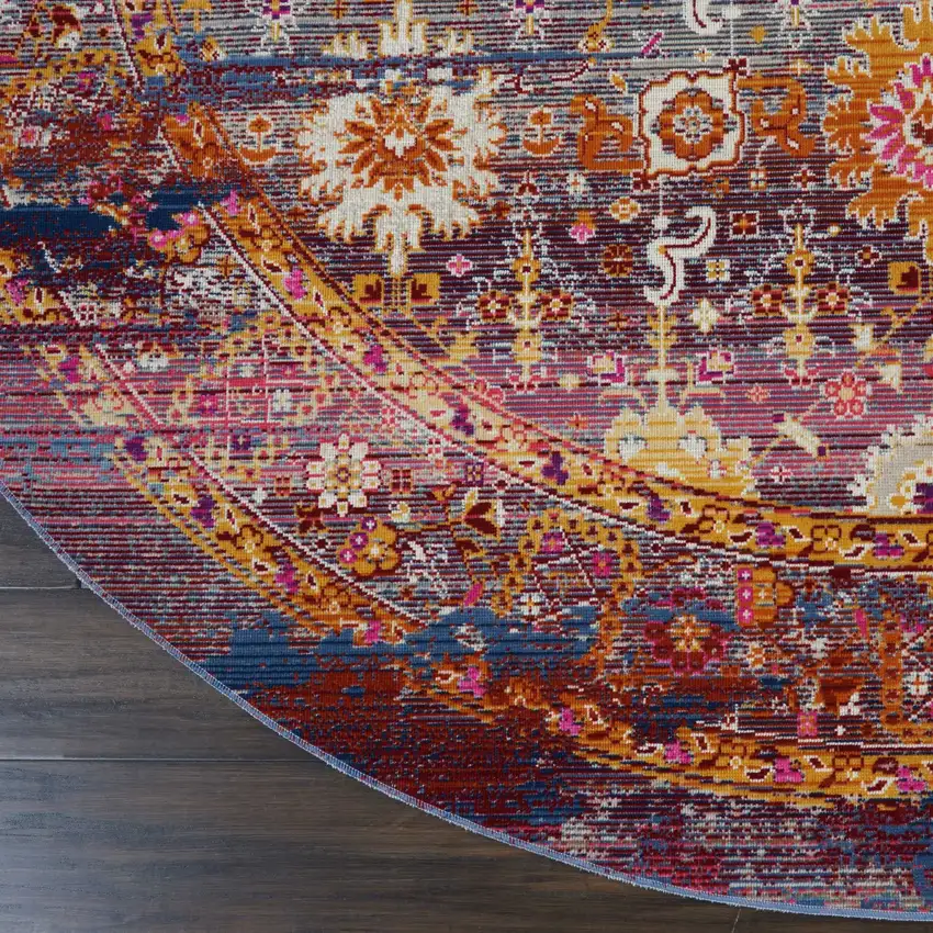 6' Blue Yellow And Red Floral Distressed Non Skid Round Rug Photo 9