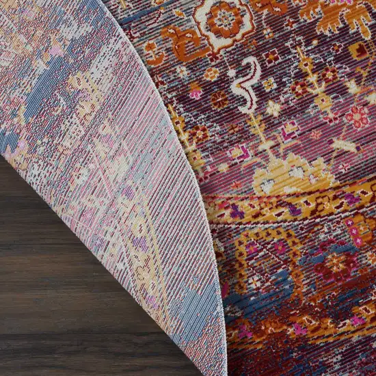 6' Blue Yellow And Red Floral Distressed Non Skid Round Rug Photo 8