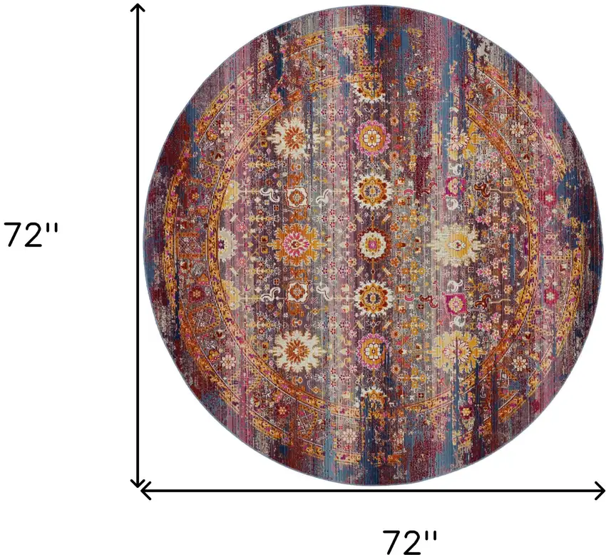 6' Blue Yellow And Red Floral Distressed Non Skid Round Rug Photo 3