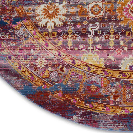 6' Blue Yellow And Red Floral Distressed Non Skid Round Rug Photo 7