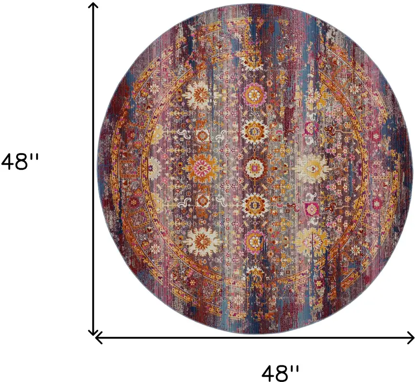 4' Blue Yellow And Red Floral Distressed Round Rug Photo 3