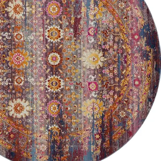 4' Blue Yellow And Red Floral Distressed Round Rug Photo 2