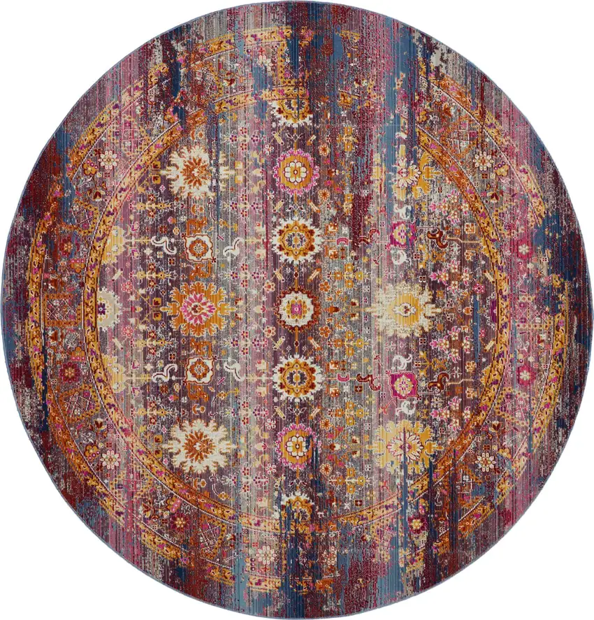 4' Blue Yellow And Red Floral Distressed Round Rug Photo 1