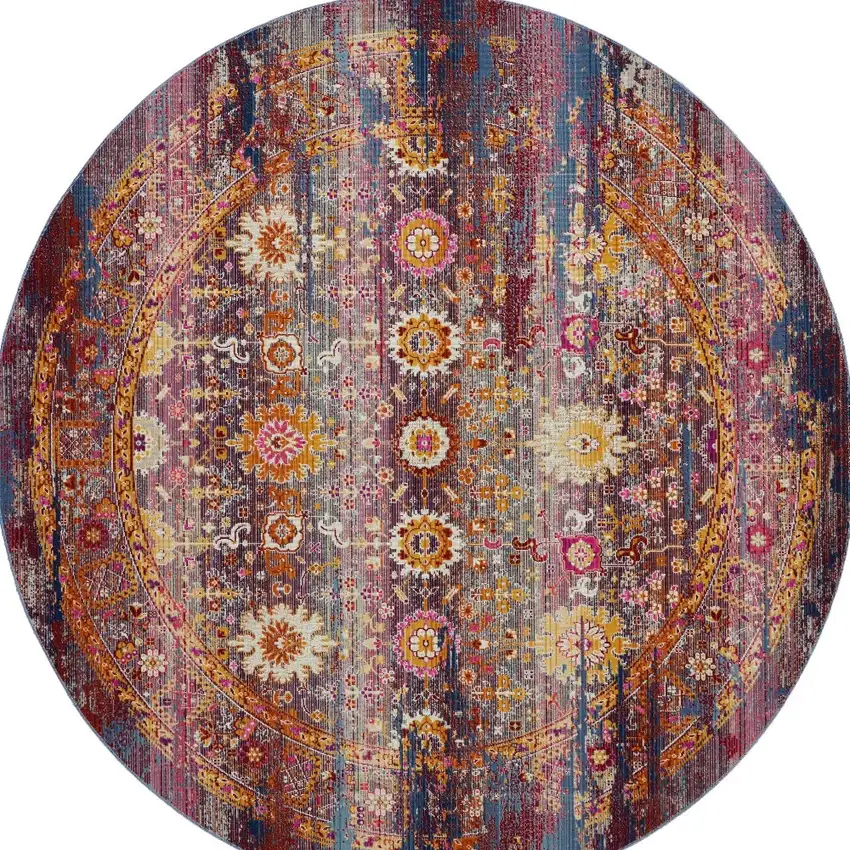 4' Blue Yellow And Red Floral Distressed Round Rug Photo 8