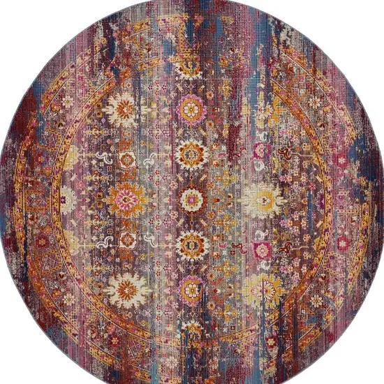 4' Blue Yellow And Red Floral Distressed Round Rug Photo 4