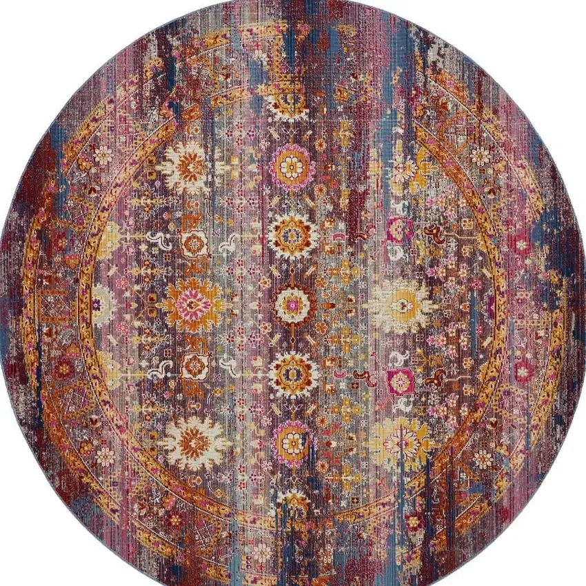 4' Blue Yellow And Red Floral Distressed Round Rug Photo 4