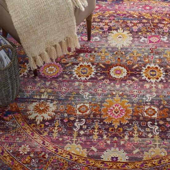 4' Blue Yellow And Red Floral Distressed Round Rug Photo 6