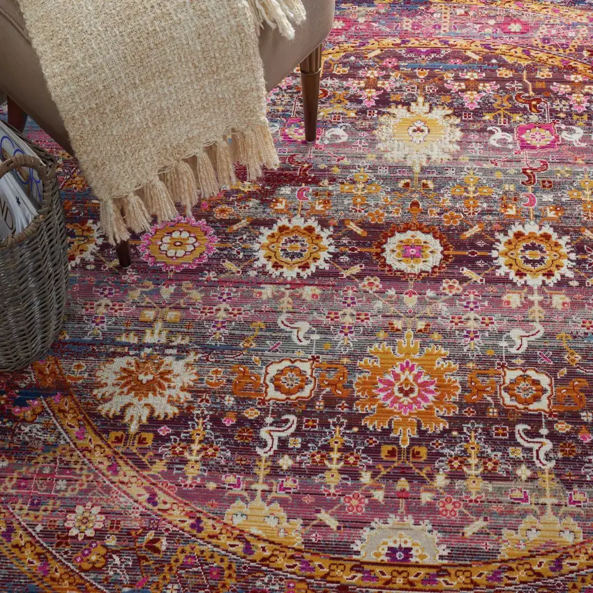 4' Blue Yellow And Red Floral Distressed Round Rug Photo 6