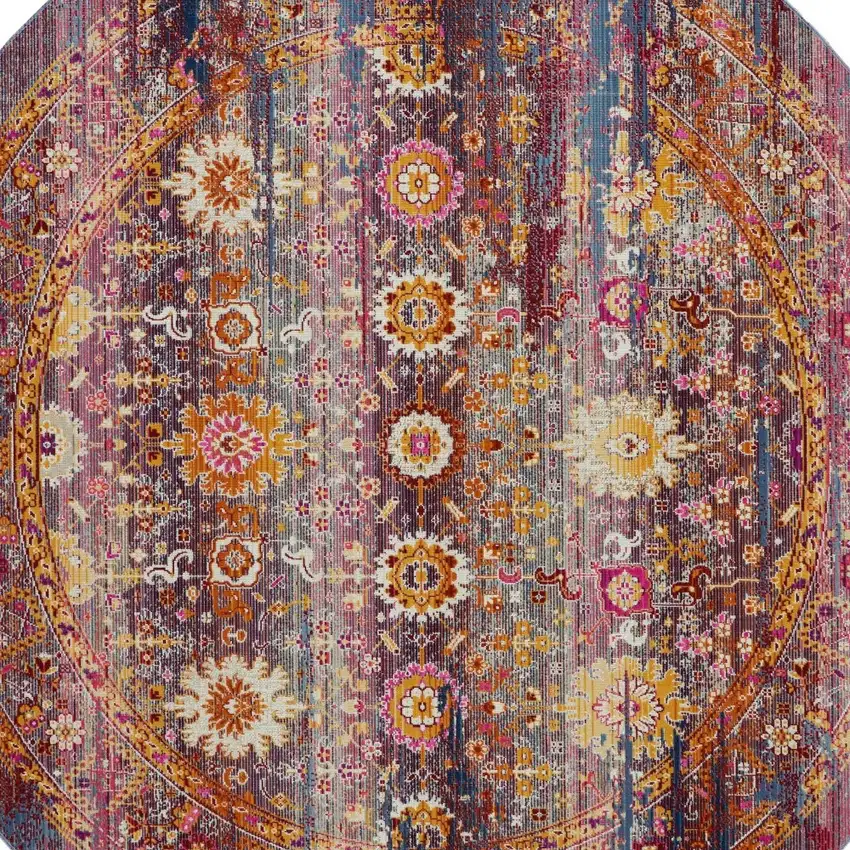 4' Blue Yellow And Red Floral Distressed Round Rug Photo 7