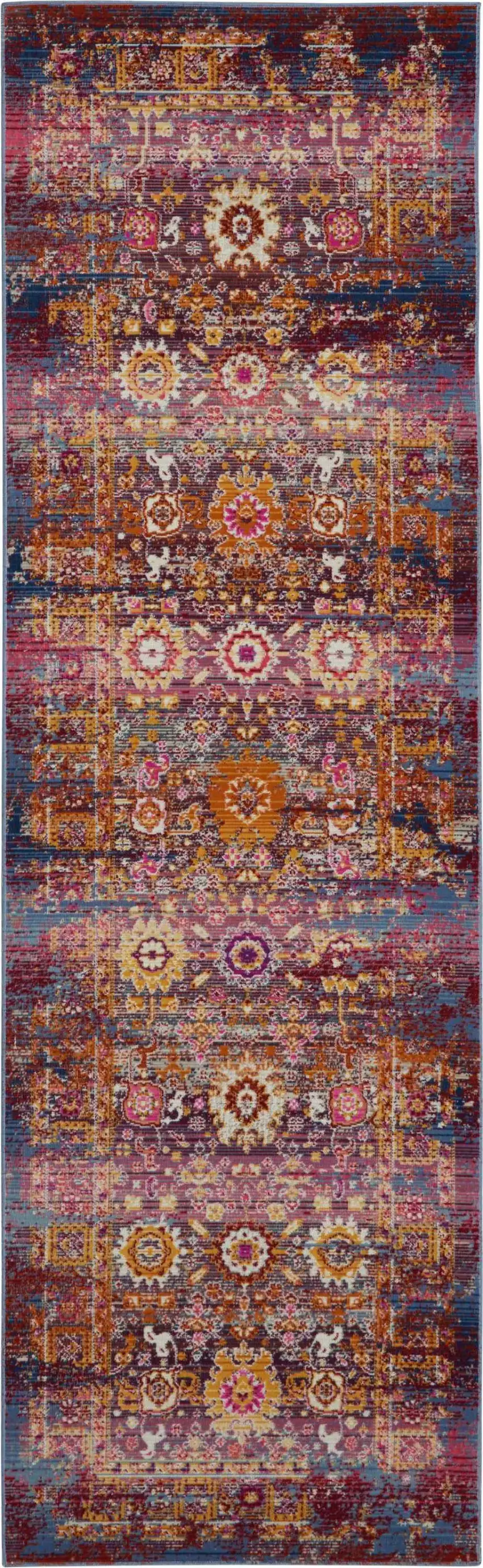 8' Blue Yellow And Red Floral Distressed Runner Rug Photo 1