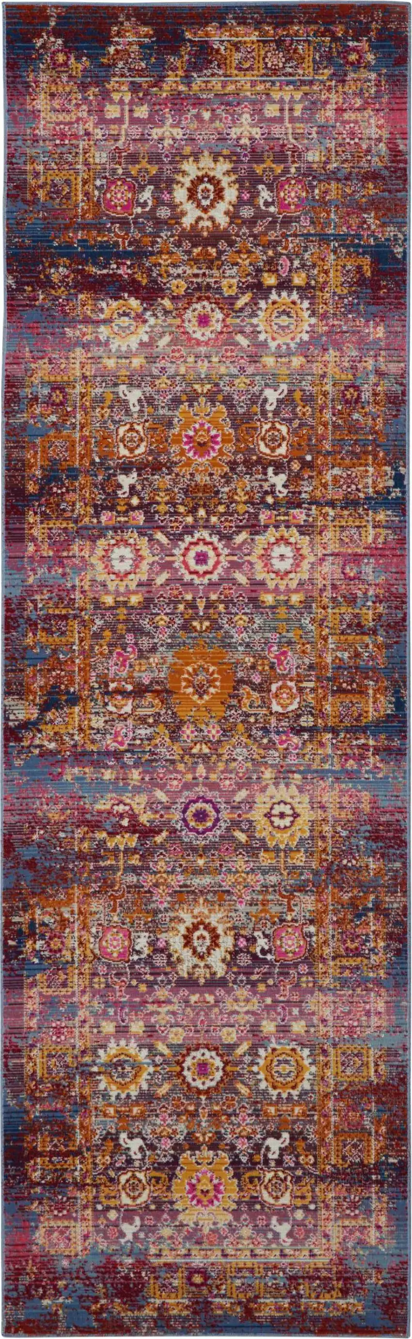 8' Blue Yellow And Red Floral Distressed Runner Rug Photo 8