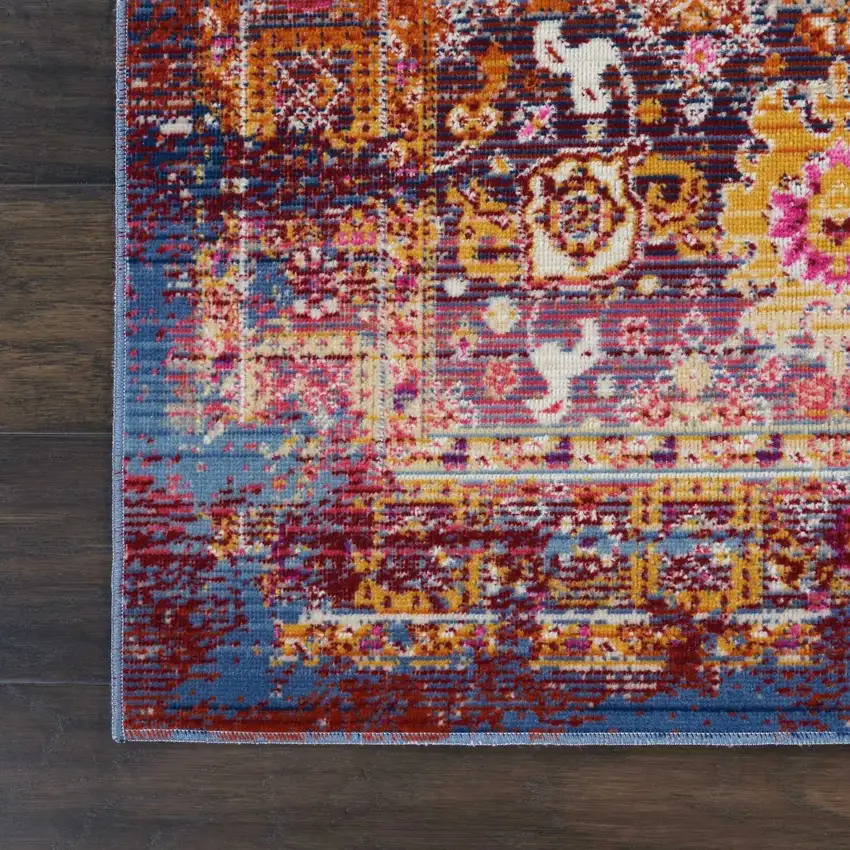 8' Blue Yellow And Red Floral Distressed Runner Rug Photo 9