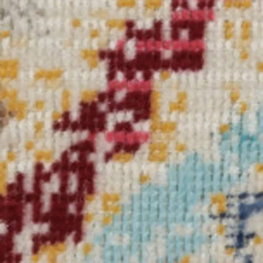 8' Blue Yellow And Red Floral Distressed Runner Rug Photo 6